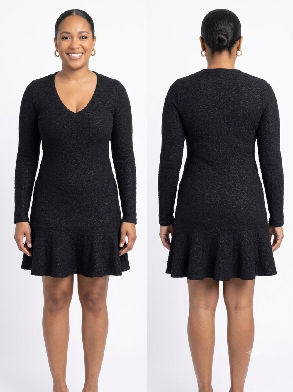 Nordstrom V-Neck Long Sleeve Black Ruffle-Hem Dress
